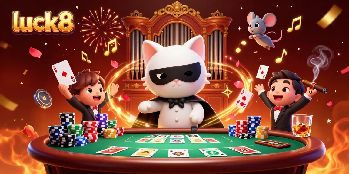 Engage with luck8's thrilling casino experience featuring card games and a whimsical acrobat scene.