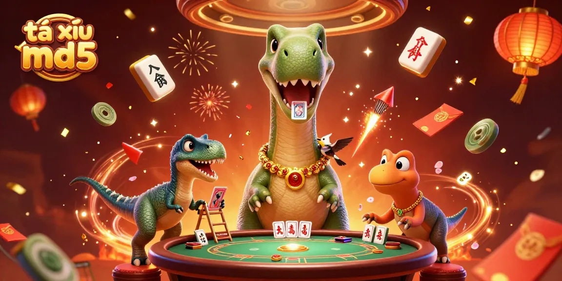 Engage in thrilling gameplay with tài xỉu md5 at a vibrant 3D casino scene featuring dinosaurs and card gaming.