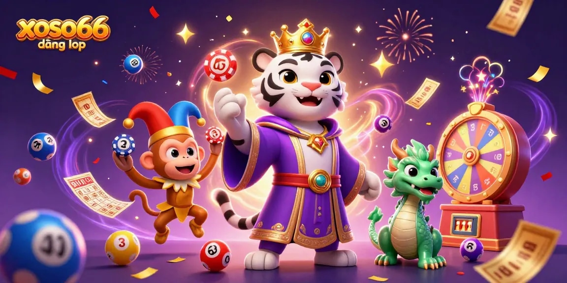 Experience the excitement with xoso66 đăng nhập as vibrant lottery elements and characters come to life.