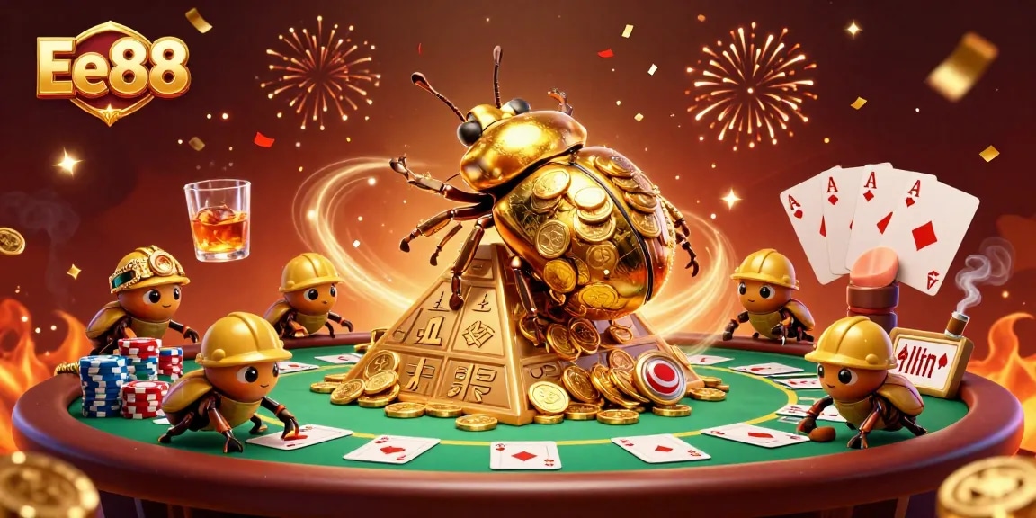 Engage with Ee88's dynamic casino scene featuring a golden dung beetle and poker elements.