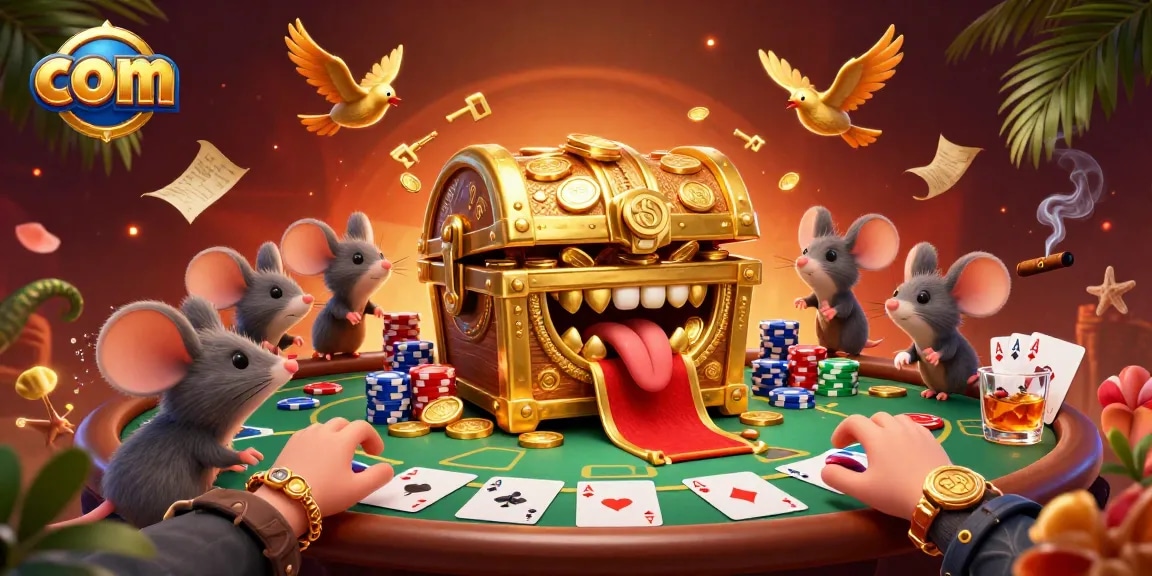Engage with com’s golden treasure chest surrounded by poker excitement and vibrant casino elements.