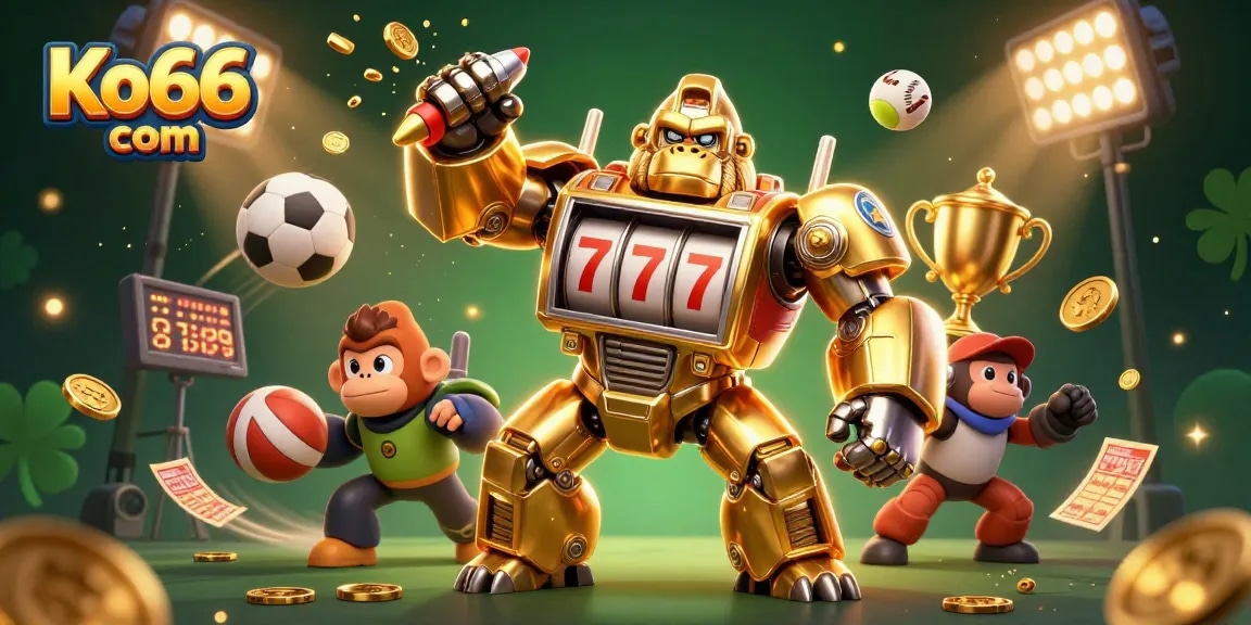 Experience the thrill at Ko66 com with a dynamic 3D illustration featuring an exciting golden gorilla mech and vibrant sports elements.