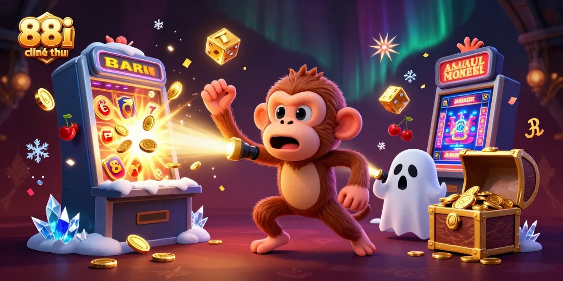 Experience the excitement of 88i chính thức with a playful monkey and a ghost-hunter puppy in a bustling casino scene.