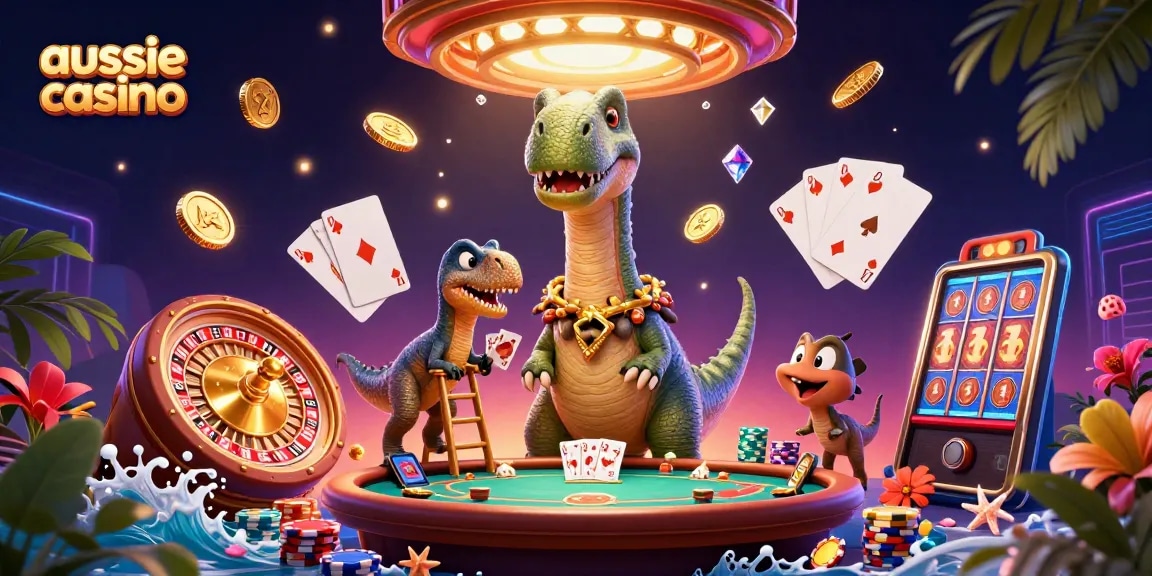 Aussie casino 3D illustration with a dinosaur dealer at a poker table, surrounded by cascading coins.