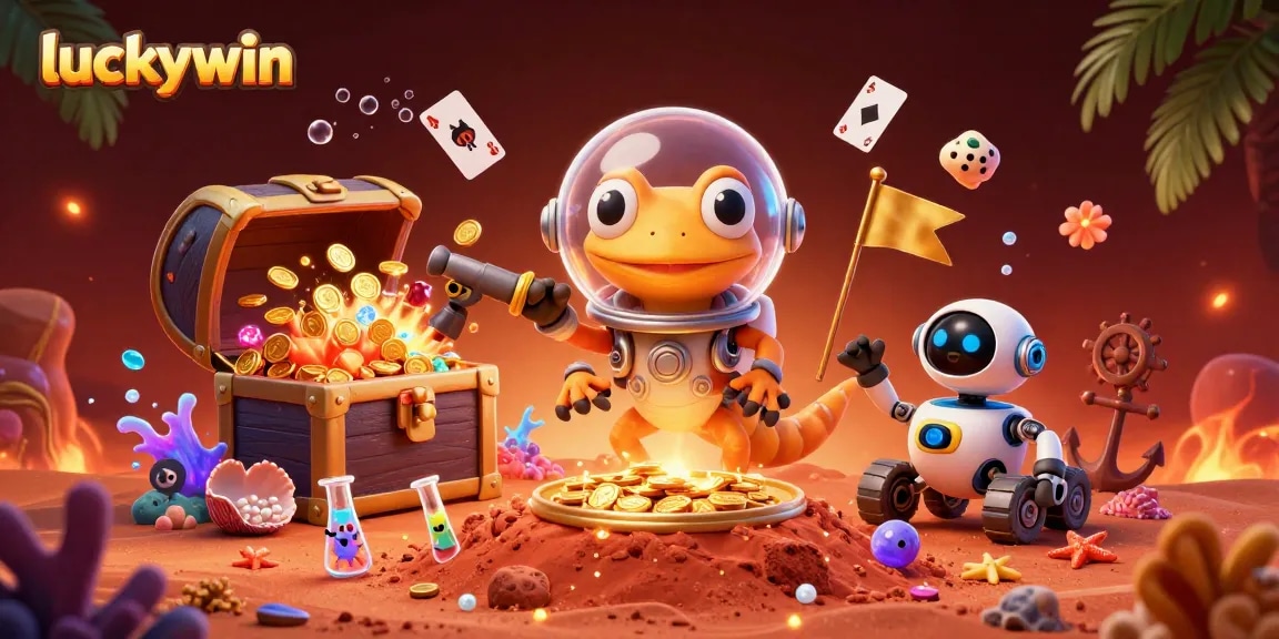 Experience luck at luckywin with a 3D cartoon Martian gecko discovering a hidden golden casino