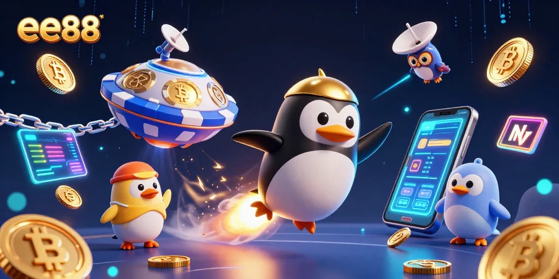 Experience the thrill of ee88 as the golden penguin navigates a vibrant cosmic casino landscape