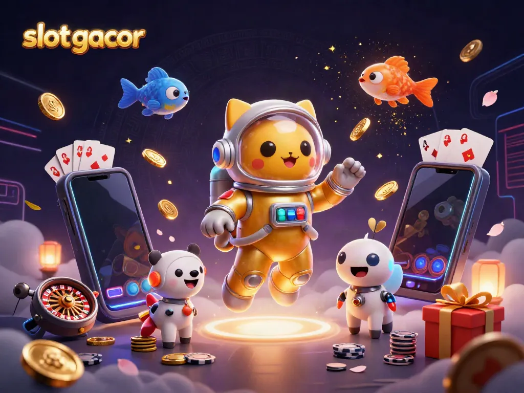Spin to win on slot gacor with a vibrant 3D illustration of a space cat and dog.