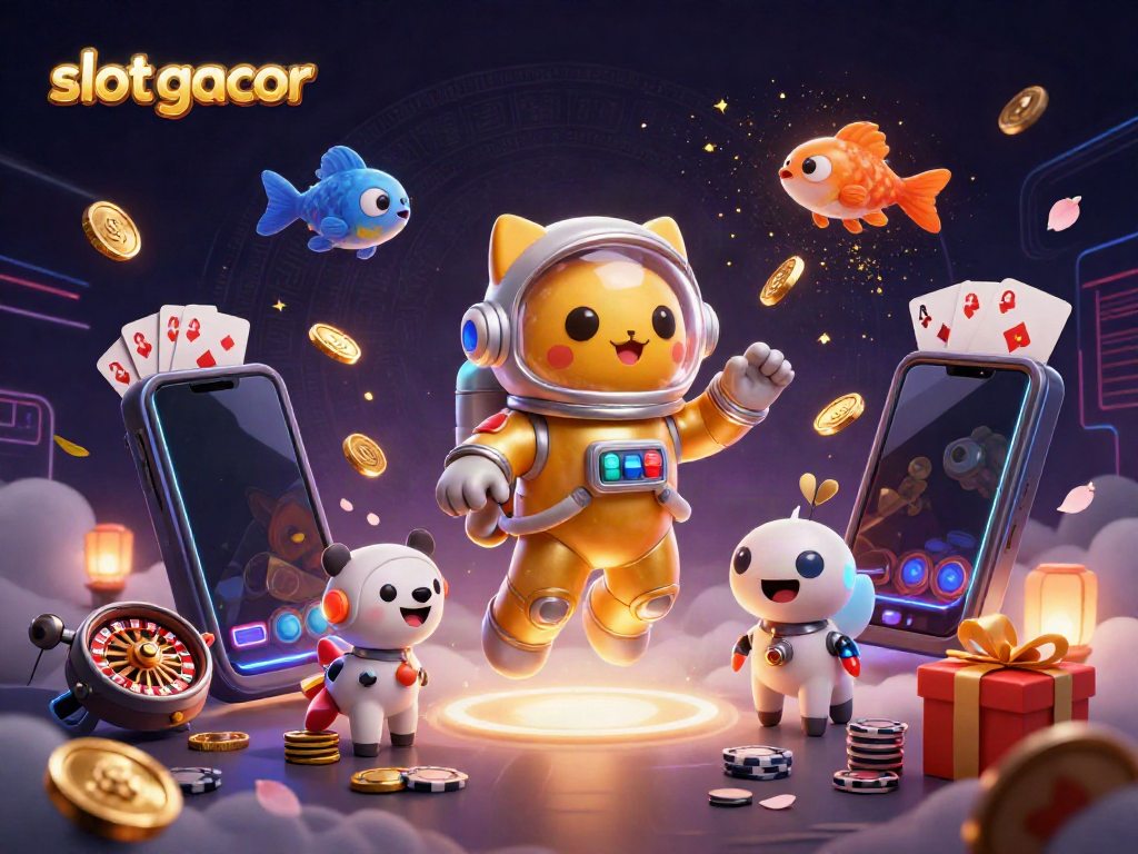 Spin to win on slot gacor with a vibrant 3D illustration of a space cat and dog.