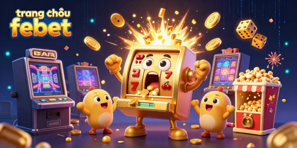 Experience the excitement at trang chủ febet with a joyful jackpot scene featuring animated slot machines and festive casino elements.