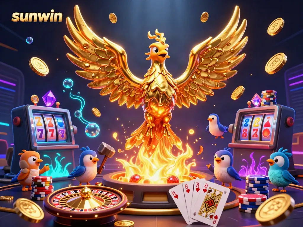 Experience the excitement of sunwin with a golden phoenix, coins, and casino elements in motion.
