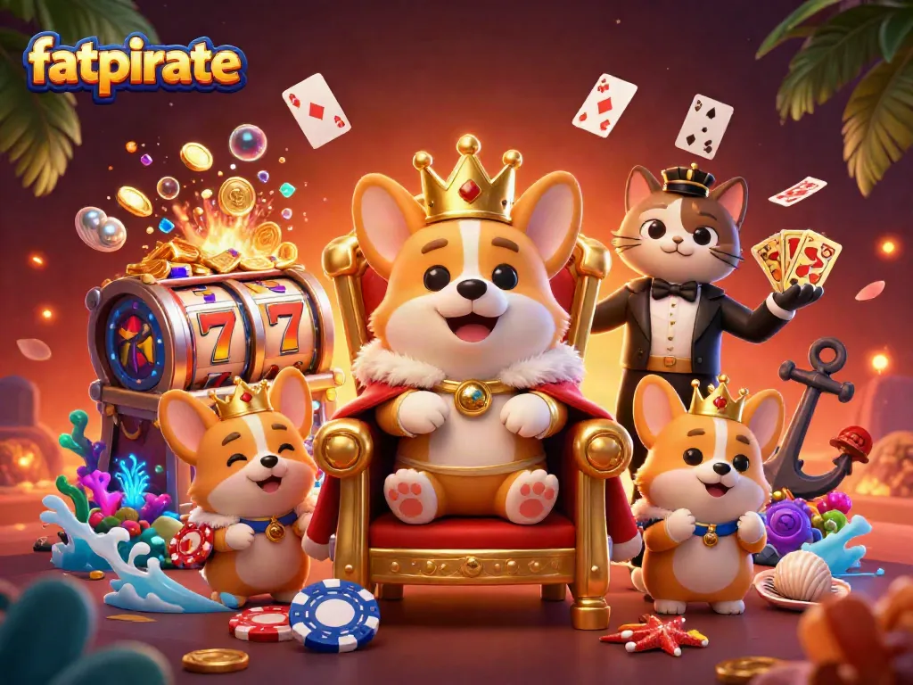 Experience the excitement of fatpirate with colorful slot reels and playful characters in a vibrant casino scene.