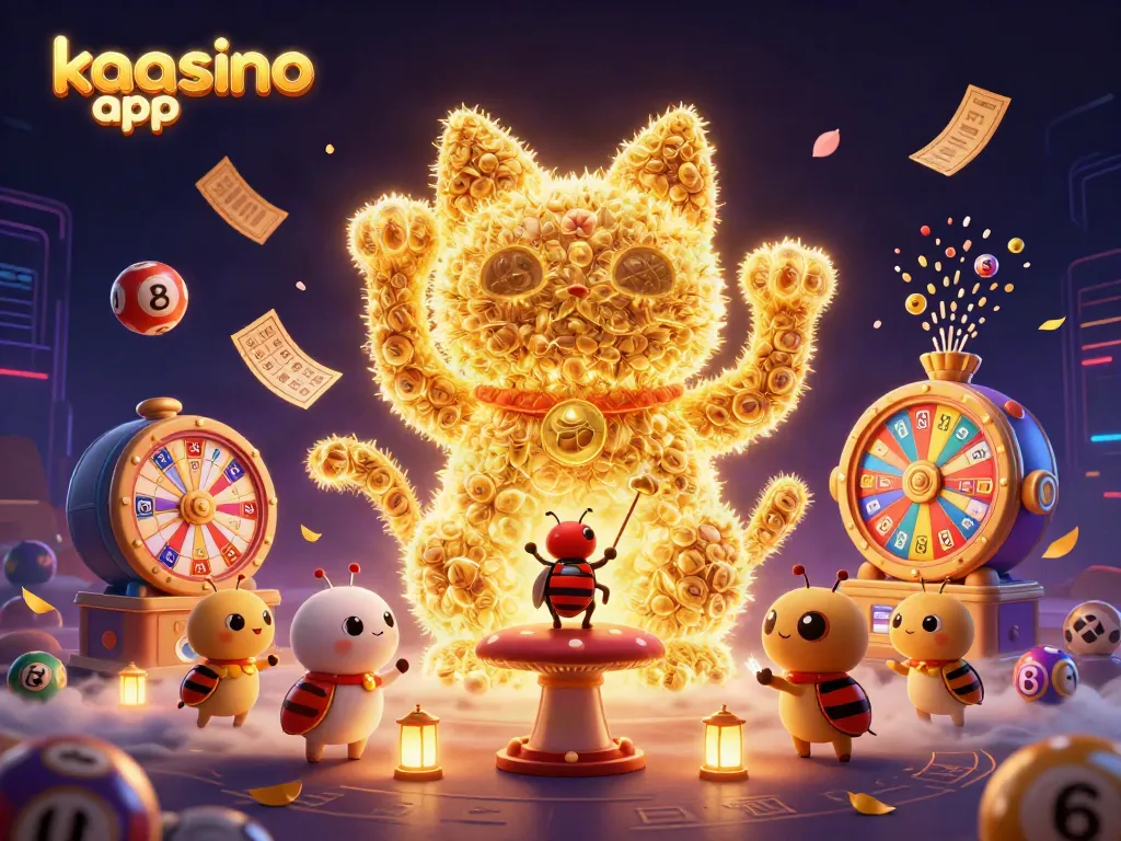 Experience excitement with the kaasino app, featuring vibrant symbols and a dynamic lucky cat illustration.