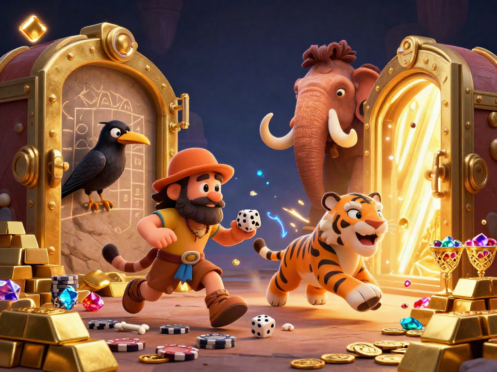Engage with a lively prehistoric casino scene featuring the caveman and sabertooth duo spinning stone dice.