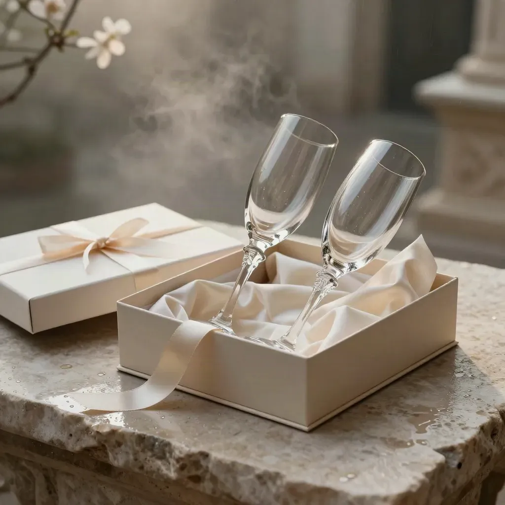 Gegraveerde champagneglazen in luxe doos op natte steen, met lint en zijden tissue.