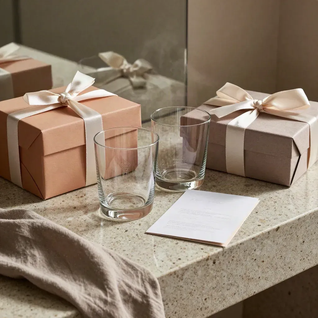 Trouwcadeau-set met gegraveerde glazen, geschenkdoos en linten op travertin.