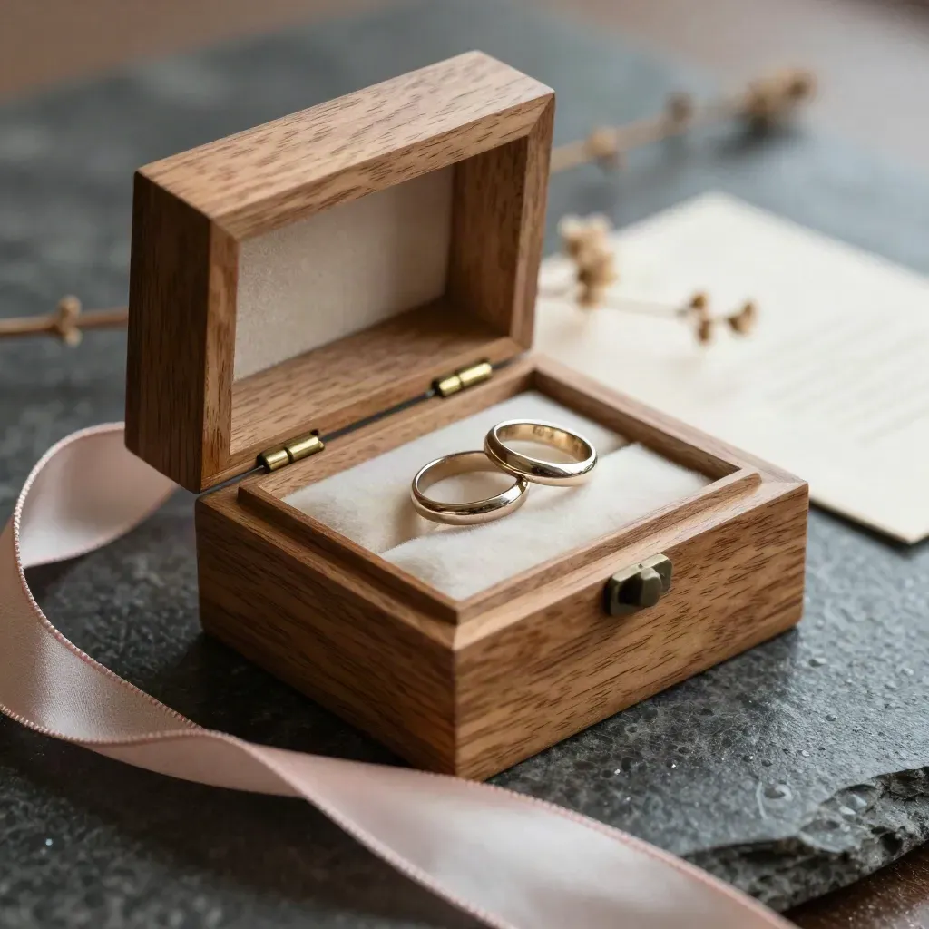 Open eiken ringendoos met twee ringen, blush lint en droog takje op natte steen.
