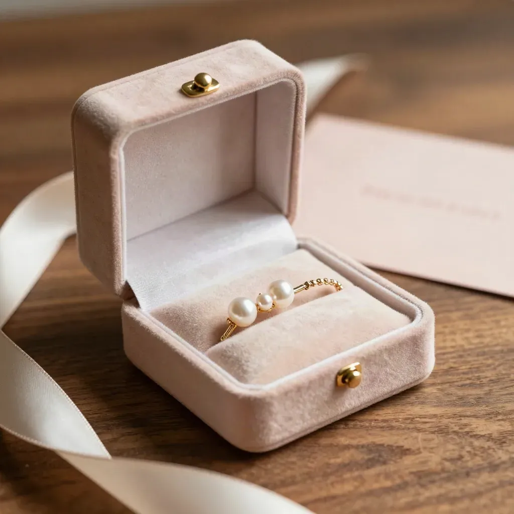 Zacht blush sieradendoosje voor bruidsmeisje met parelspeld en armband op warm hout.