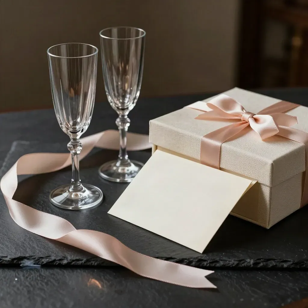 Cadeaupakket met twee glazen, doos en lint op zwarte steen, feestelijk opengevouwen.