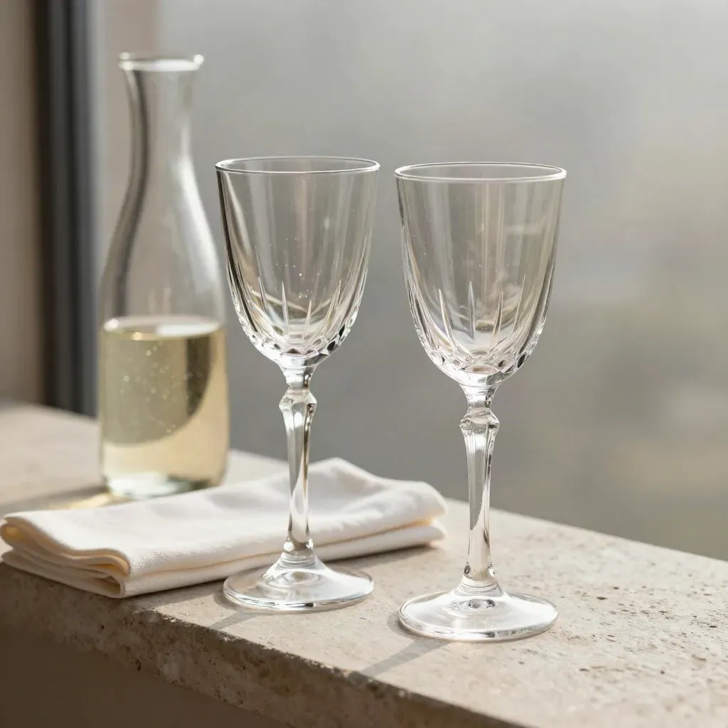 Twee gegraveerde wijnglazen met servet op een stenen vensterbank, zachte champagneglans.