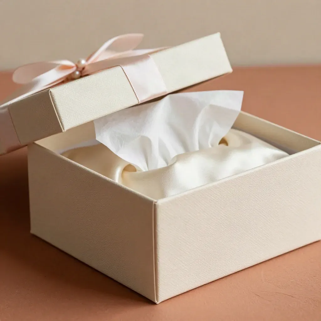 Bruidsmeisje-doosje met zijden voering en open tissue op terracotta ondergrond