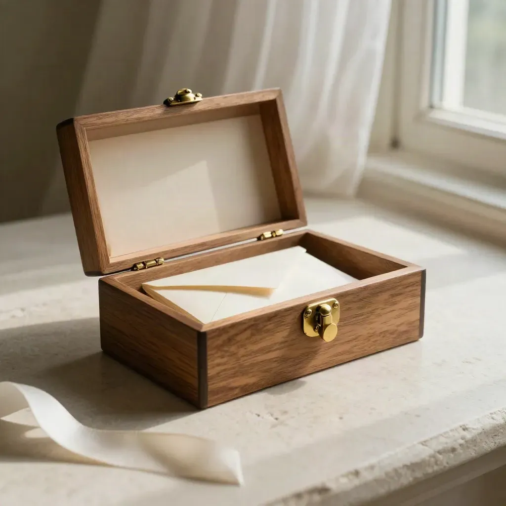 Eiken trouwkaart bewaarbox met slot, half open naast zachte envelopvormen en lint op steen.