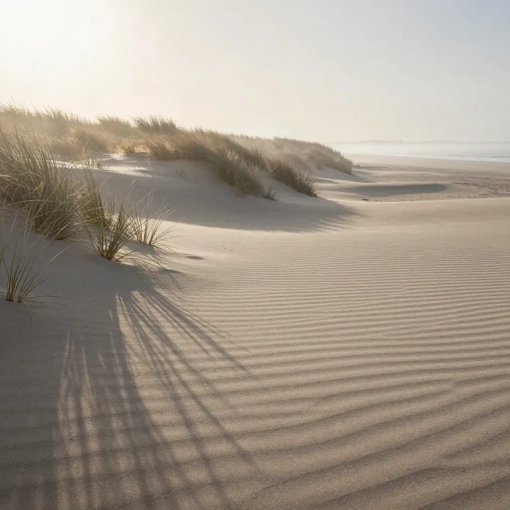 Mistige duinrand bij zonsopkomst met bleek gras en een rustige horizon in zachte zeemist