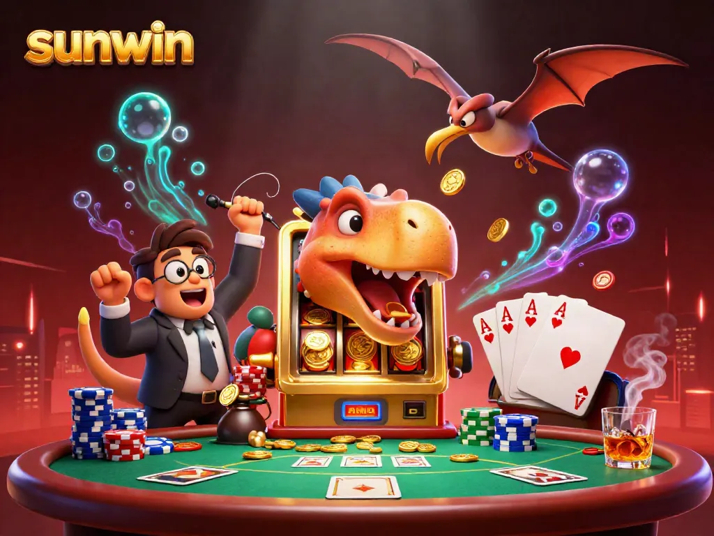 Experience the excitement of sunwin with a pachycephalosaurus and friends winning jackpots in a lively casino setting.