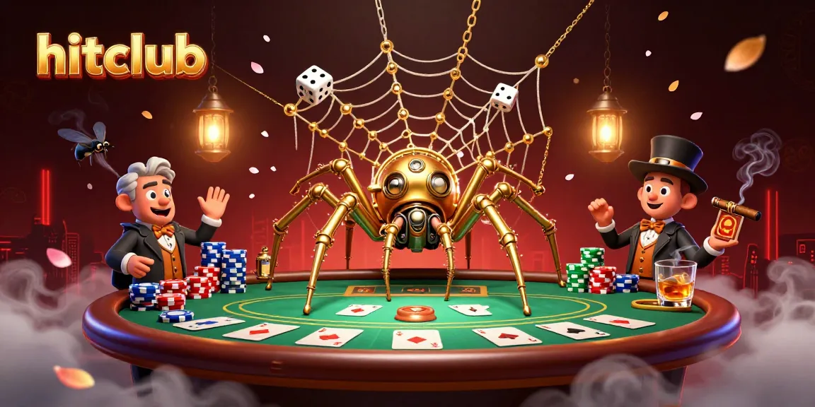 Engage with hitclub's thrilling casino adventure featuring a golden spider, poker elements, and vibrant visuals.
