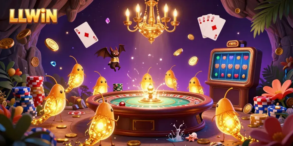Experience the excitement of LLWIN at a vibrant cave casino filled with glowworms and sparkling treasures.