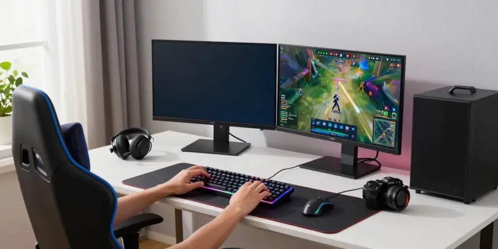 ROKOK88 gaming setup with RGB mechanical keyboard and dual monitors for optimal gaming experience