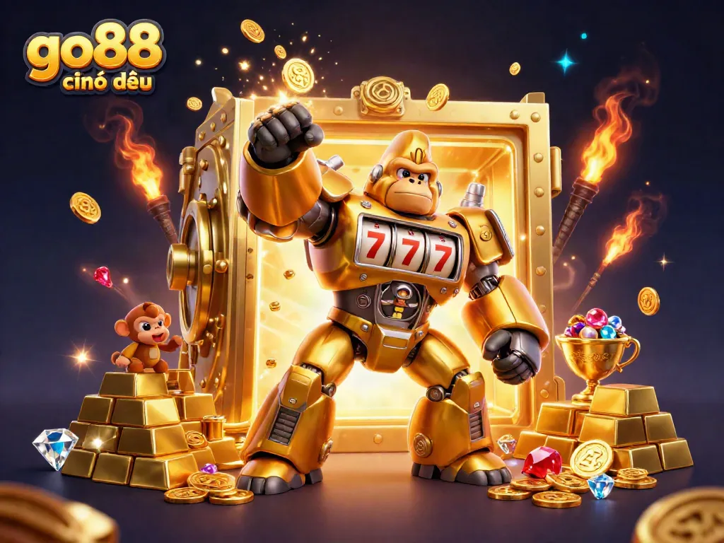 Experience the thrill of go88 chính thức with an explosive slot machine-themed illustration featuring a golden mech and treasure.