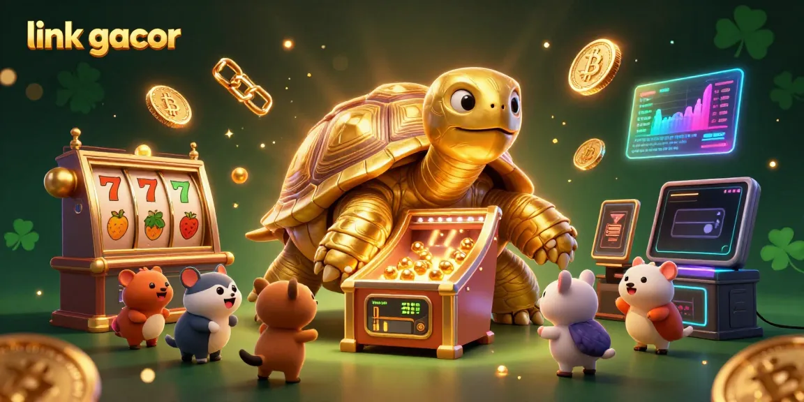 Exciting scene showcasing the link gacor with golden tortoise slot machine graphics and vibrant casino elements.