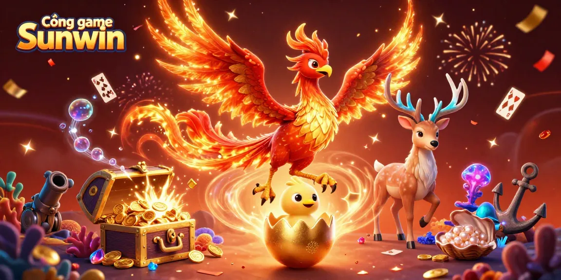 Experience the thrill at Cổng game Sunwin with vibrant casino elements in a rich 3D illustration.
