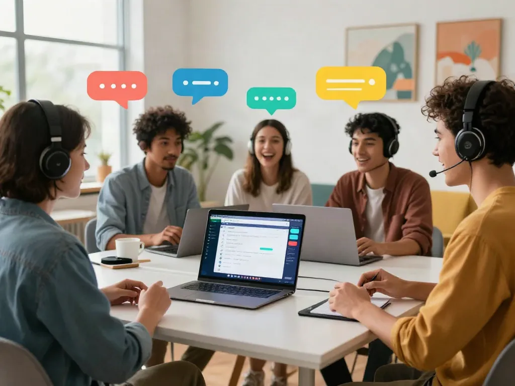 Engaging scene of diverse individuals using juicy chat ai on laptops, showcasing lively digital interaction.
