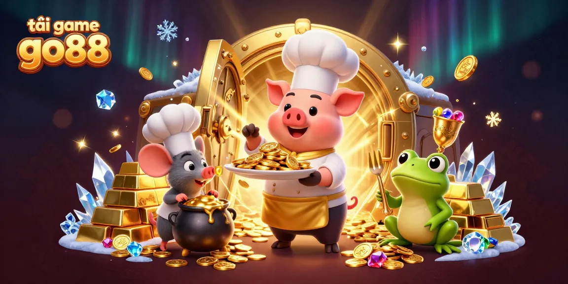 Engage in thrilling gameplay as you tải game go88, featuring a dynamic scene of a chef pig serving gold coins.