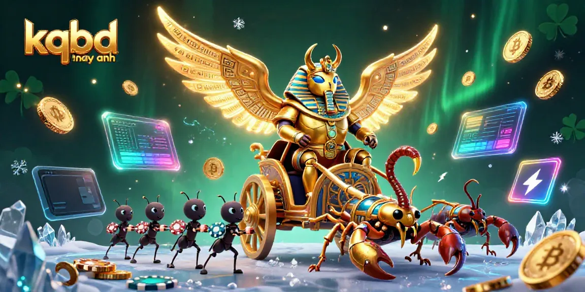 KQBD hom nay anh showcases a dynamic 3D illustration with a golden scarab beetle in a chariot, symbolizing sports betting excitement.