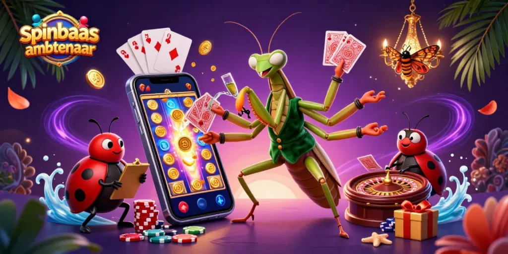 Engage in thrilling games at Spinbaas Ambtenaar with a vibrant, dynamic casino atmosphere displayed.