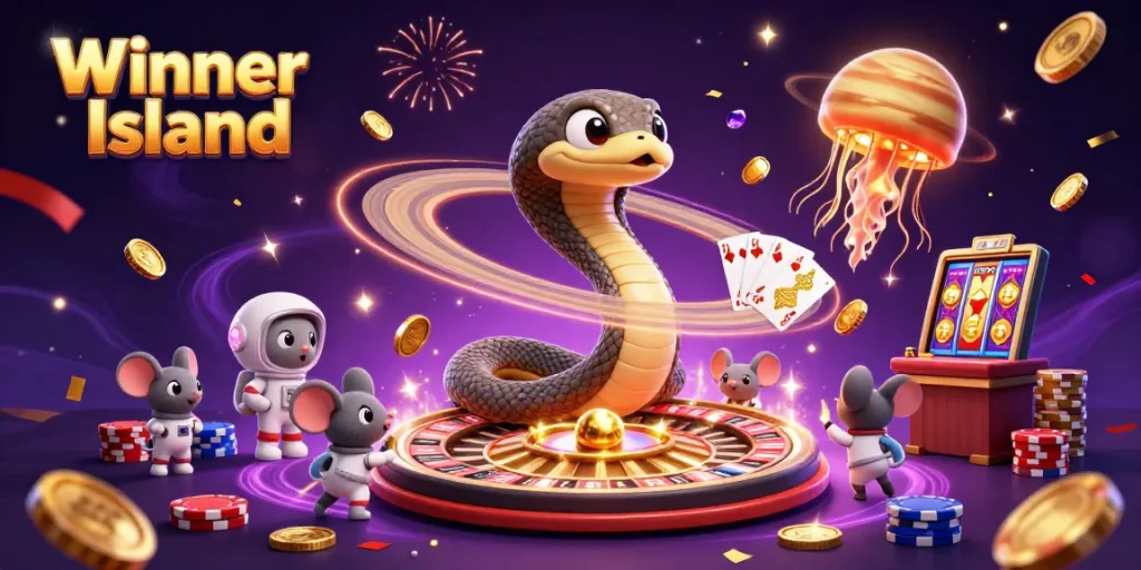 Experience the thrill at Winner Island with vibrant gaming elements and cosmic characters betting.