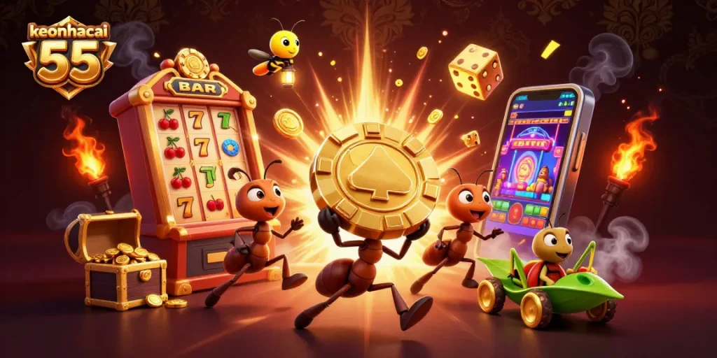 Transport keonhacai 55 gamblers in a bustling heist scene with ants and casino elements.
