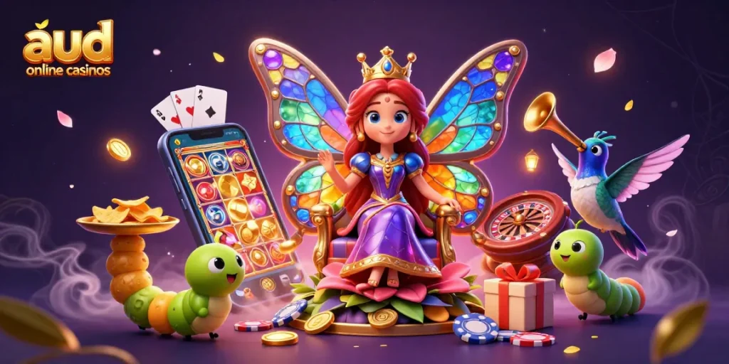 Play slots at aud online casinos with a whimsical 3D scene featuring a butterfly queen and vibrant game elements.