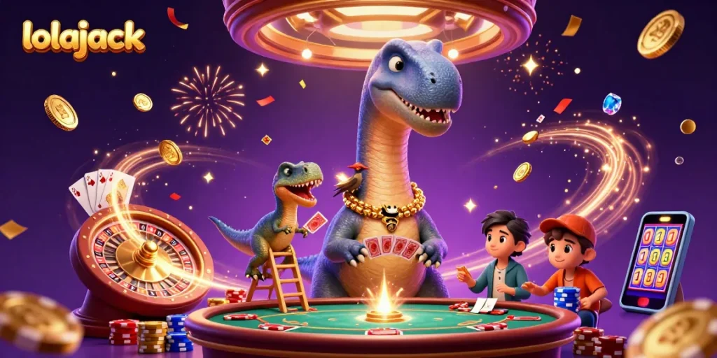 Experience thrilling gameplay at Lolajack with a giant dinosaur dealer amidst sparkling gems and casino excitement.