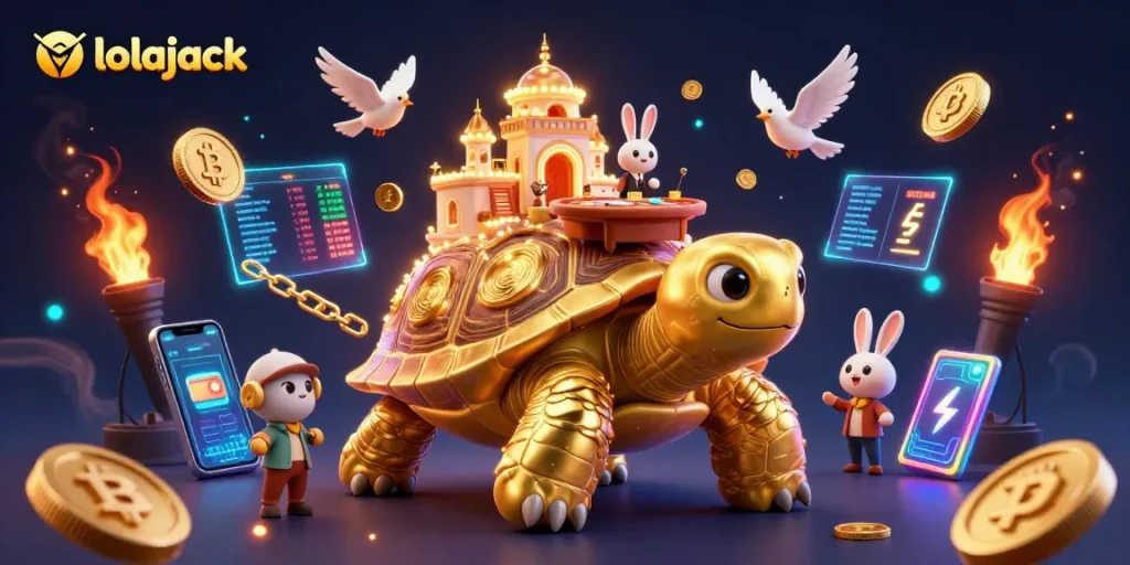Experience thrilling games at lolajack with a golden tortoise casino and crypto elements in a vibrant scene.